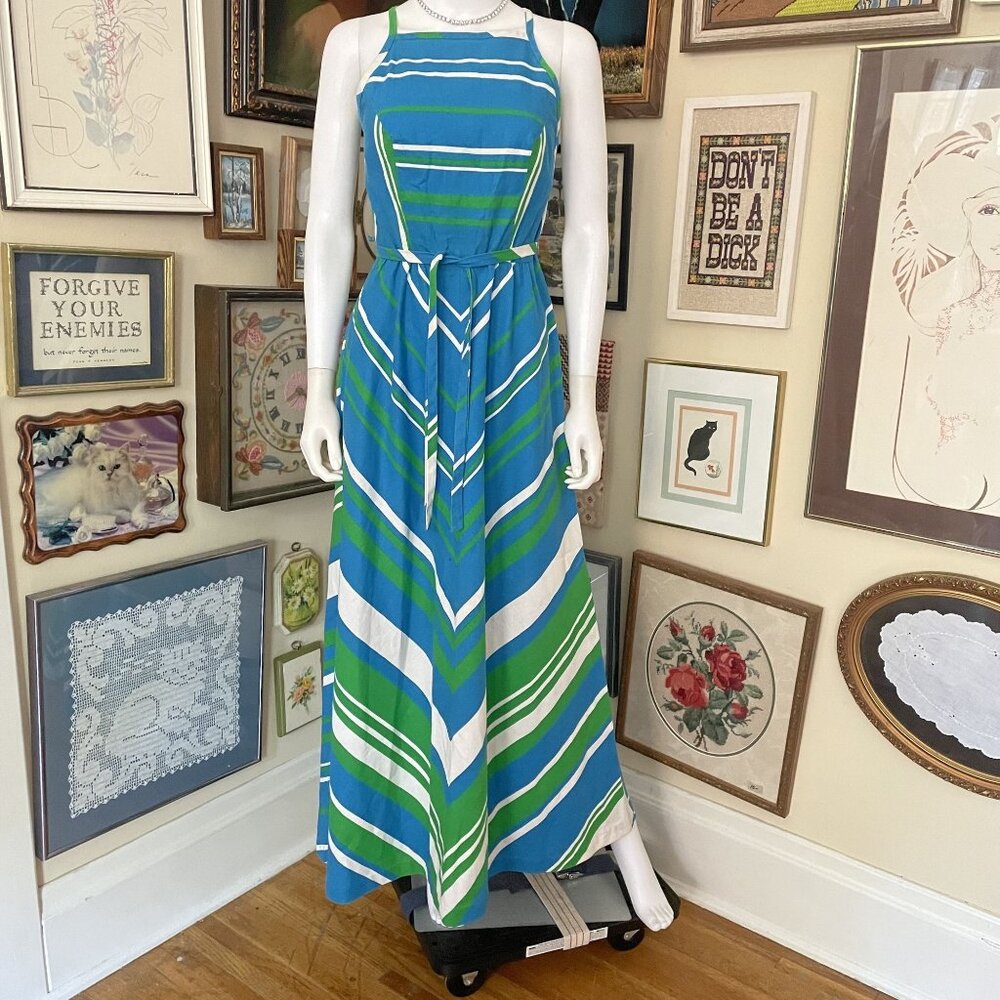 Vintage 1970s Malia Blue & Green Striped Cotton Maxi Dress with Built In Bra S